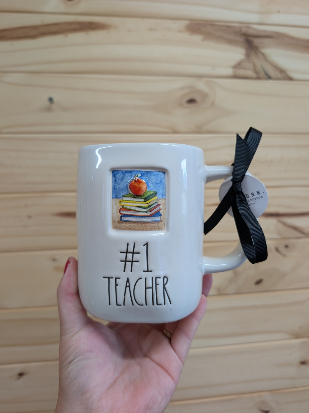 Rae Dunn #1 Teacher White Ceramic Mug with Book & Apple Accent